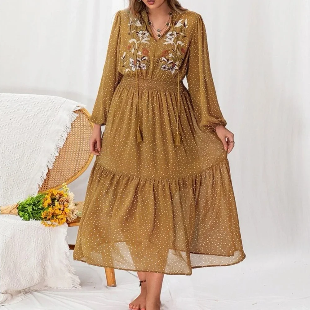 Boho Plus Size Embroidery Ruffle Hem Dress Without Belt Yellow Mustard - Picture 4 of 5